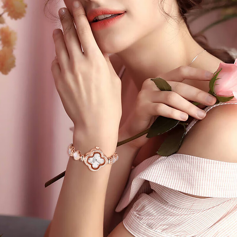 冠琴（GUANQIN）四叶草女士手表学生手链女表轻奢小众高级感手表女新年礼物送女友 升级加强版/玫白钢带/终身保