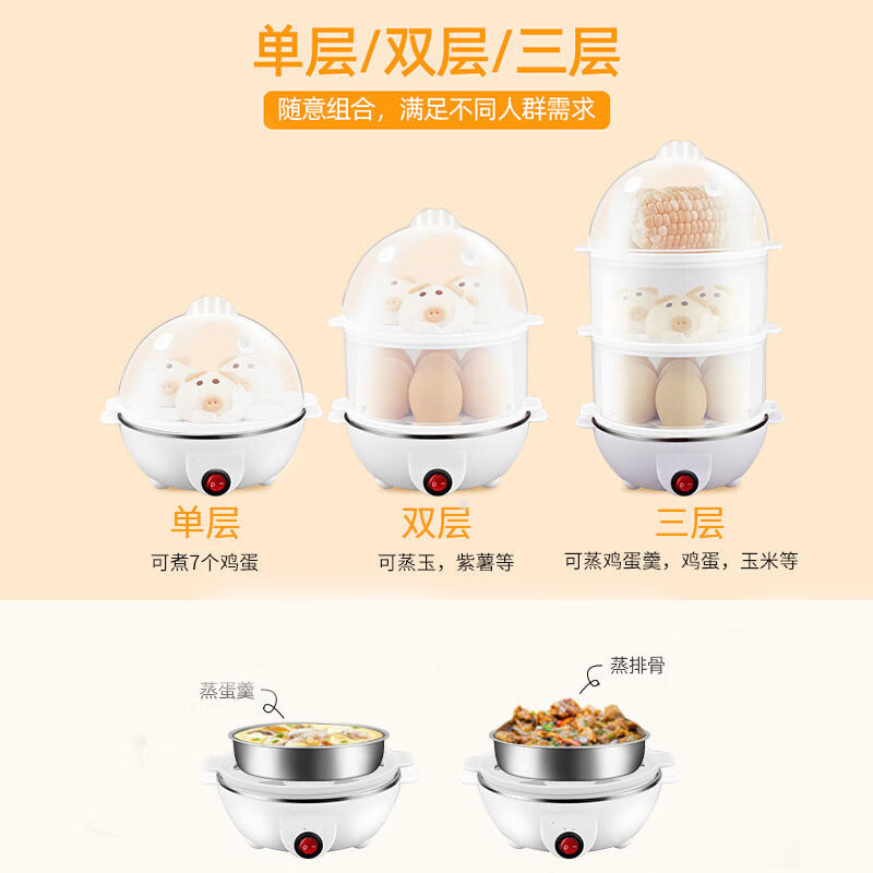 【精选直发】蒸蛋器多功能煮蛋器自动断电家用小型早餐机宿舍用煮 单层蒸蛋器-白色（+量杯 单层 220V扁插