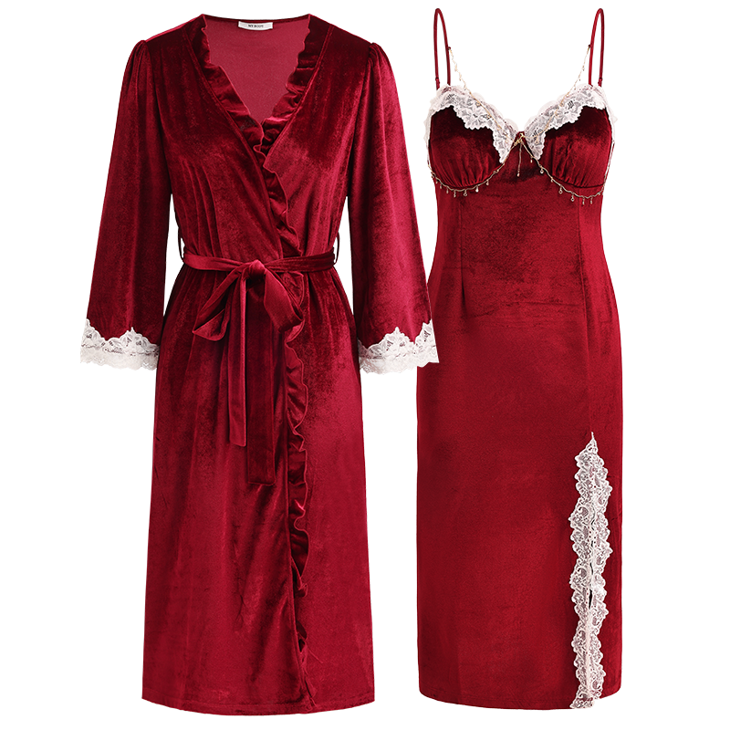 mybody商場同款睡袍女紅色本命年秋冬帶胸墊輕奢絲絨優(yōu)雅吊帶睡裙浴袍女 酒紅 XL