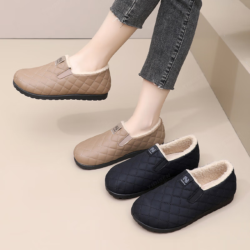 意迪森冬季女新款加绒保暖一脚蹬软底防滑二棉豆豆鞋防水中老年妈妈棉鞋 咖啡色 加绒 37 (235mm)