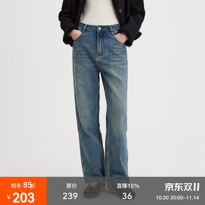 fano studios范洛2025秋季新款复古直筒牛仔裤女做旧洗水百搭高腰显瘦气质长裤 牛仔蓝 M （第二批）