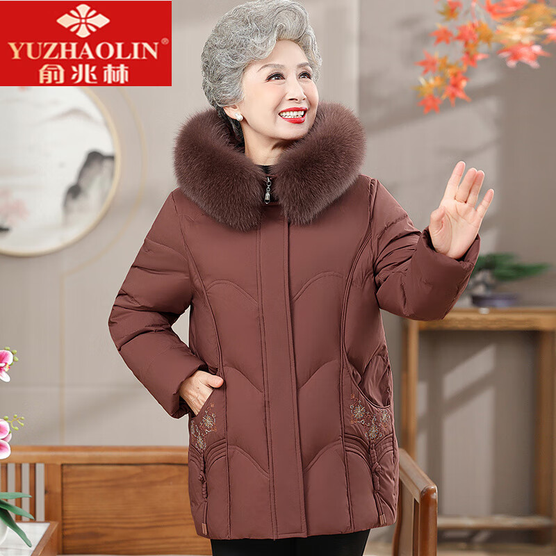 俞兆林高端加厚保暖中老年人顯年輕奶奶羽絨服中長(cháng)款冬裝媽媽外套女 焦糖色 XL