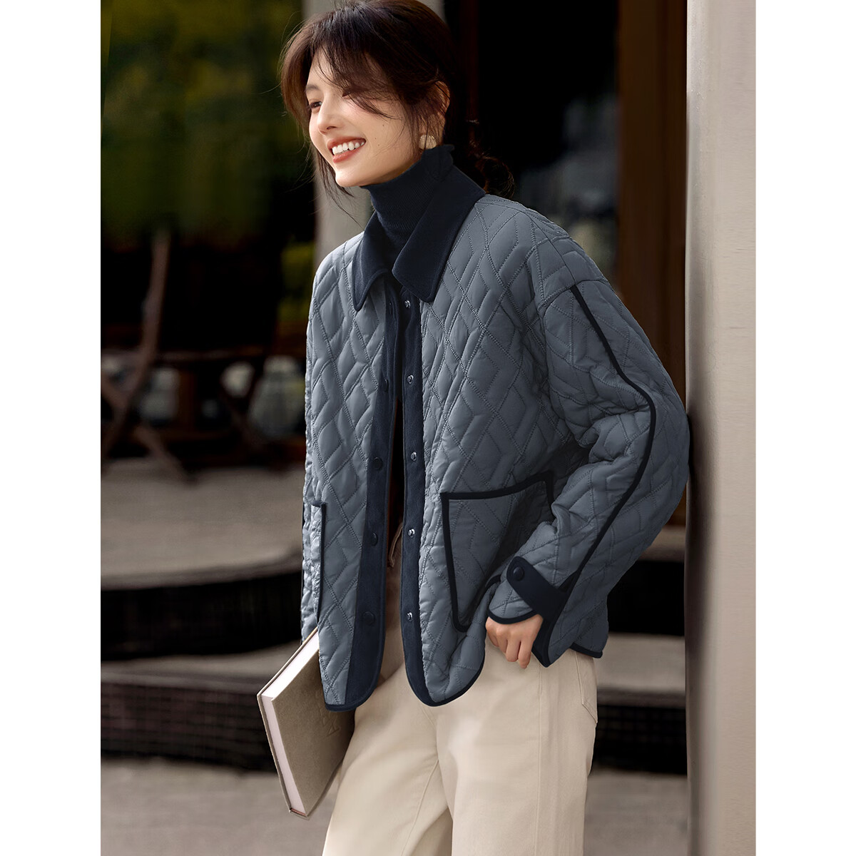 XWI欣未休闲百搭拼色棉服外套女2025年秋冬新款轻薄保暖棉袄上衣 蓝拼藏青 S