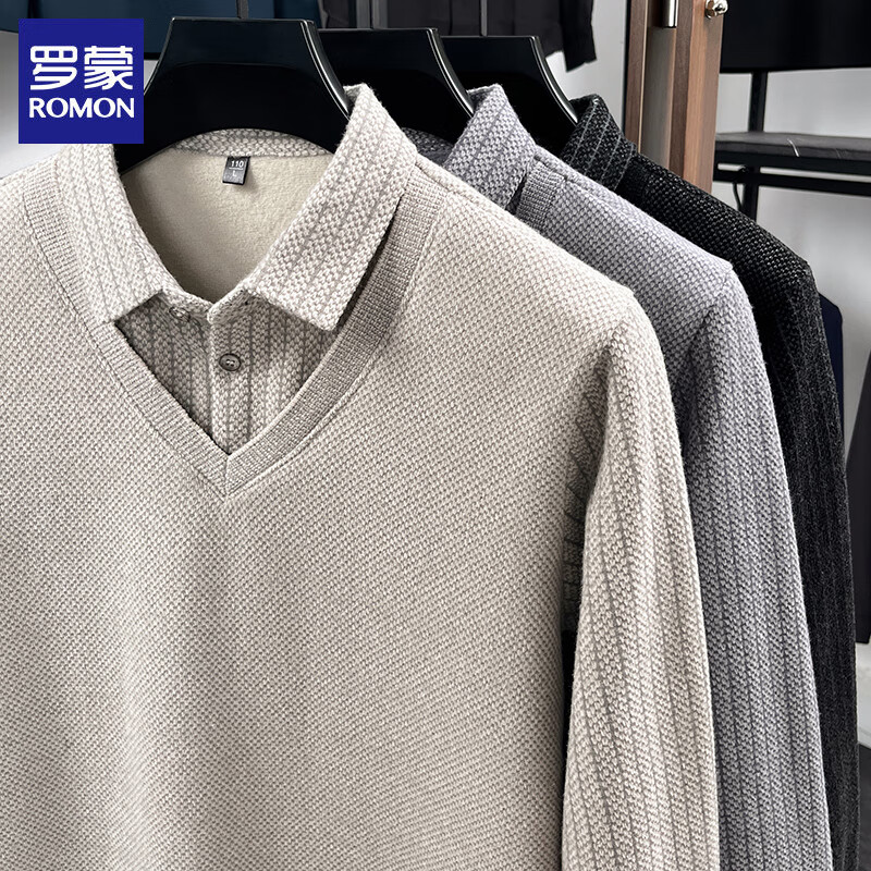 罗蒙(ROMON)仿雪貂绒男士加绒假两件毛衣2025秋冬新款衫保暖针织打底衫上衣 221驼色 加绒 XL (建议体重125-140斤)