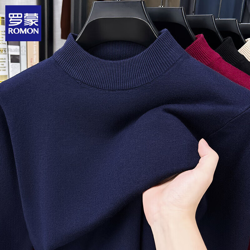 罗蒙(ROMON)半高领纯色男士毛衣2025秋冬季保暖打底衫宽松休闲针织衫上衣服 黑色 XL (建议体重130-145斤)