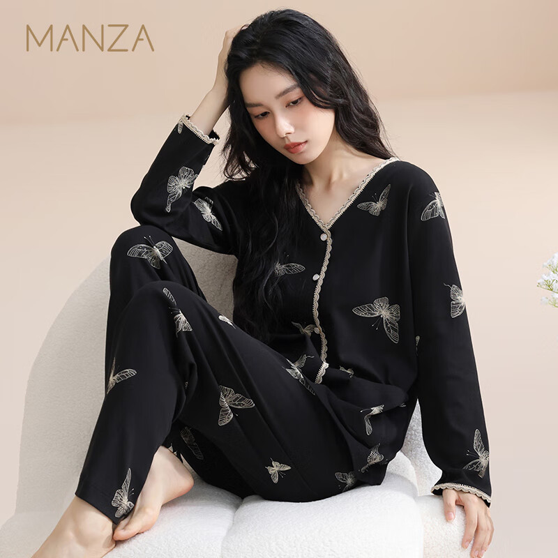 玛伦萨100%纯棉睡衣女春秋季2025新款可外穿长袖长裤大码女士家居服套装 黑色 M