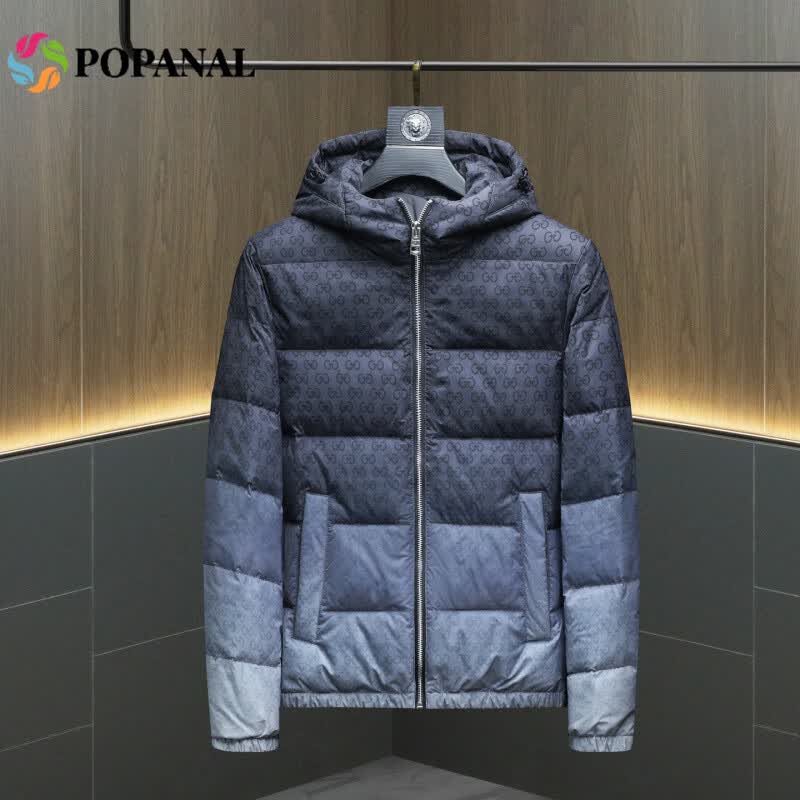 POPANAL香港潮牌2025冬季新款男士时尚渐变高品质大码印花休闲连帽羽绒服 黑灰色 M