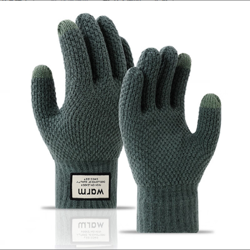 卫墨墨冬天男毛线手套秋冬季针织加厚加绒触屏骑行防寒 保暖手套-绿色-1双 无规格