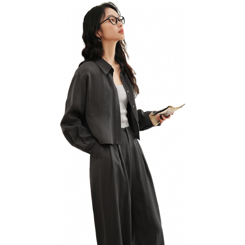 梵希蔓時(shí)尚通勤套裝女2025年春季新款翻領(lǐng)襯衫闊腿褲高級(jí)感兩件套 A0270 灰色 S