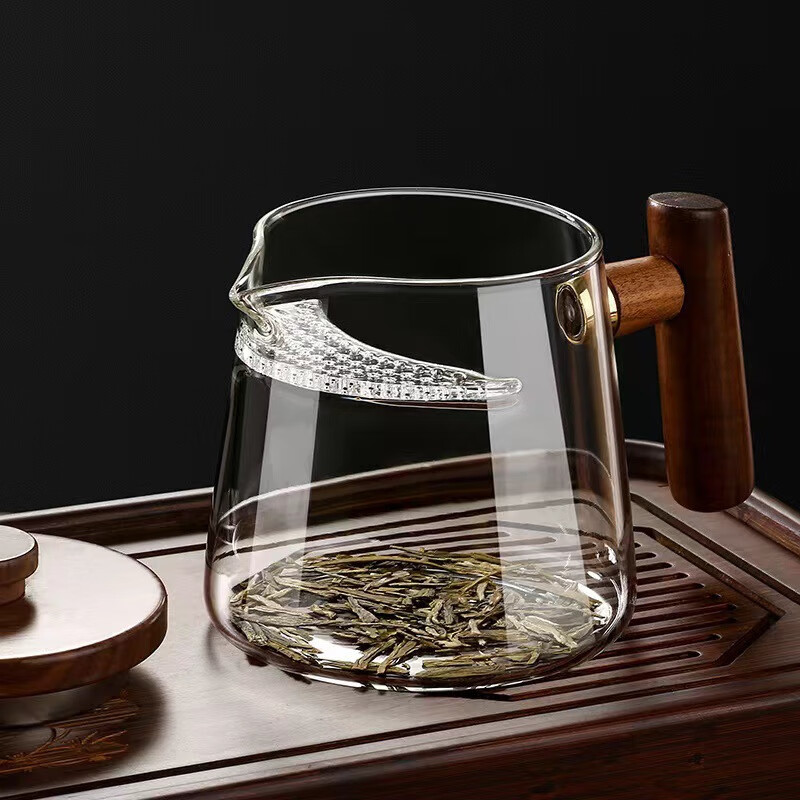 高硼硅透明耐高温玻璃泡茶杯月牙带过滤一体公道杯带盖绿 透明450ml月牙公杯