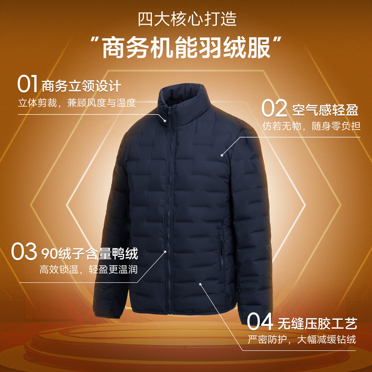 浪登【90鸭绒】轻薄羽绒服男秋冬新款休闲轻便立领压胶保暖外套 深蓝色 M (170/88A) 充绒量:64g