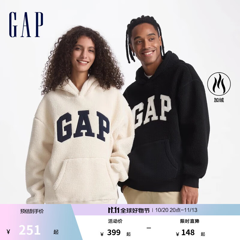 GAP男女装刺绣字母logo仿羊羔绒连帽卫衣套头衫609050 米色 L (175/96A) 亚洲尺码