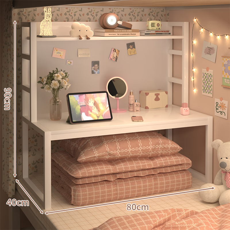 馨婺家床上桌大学生上下铺电脑桌宿舍神器寝室书桌学习桌置物架收纳桌子 白色-加粗框架【全背板】无灯