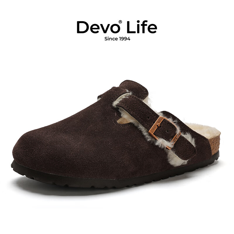Devo的沃软木包头勃肯鞋毛毛拖鞋加绒内里半包半拖休闲情侣鞋66001 深棕反绒皮+羊毛 37 （建议正码正拍）