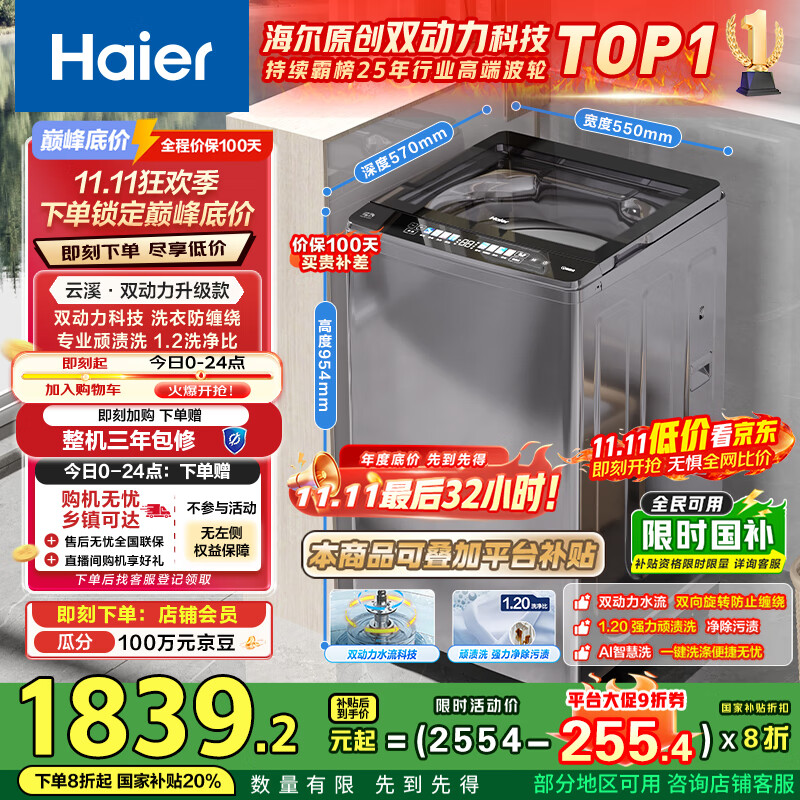 海尔（Haier）云溪2.0波轮洗衣机全自动家用10公斤双动力防缠绕XQS100-BZ659家电国家补贴20%以旧换新一级能效
