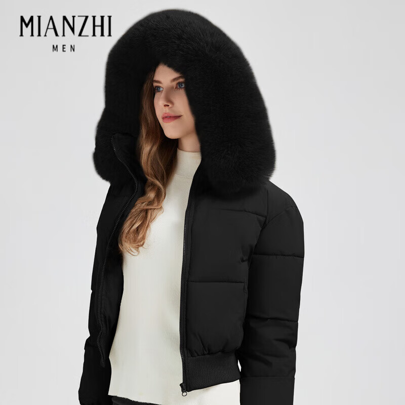 棉致大毛領(lǐng)短款羽棉絨服女2025冬季新款歐美風(fēng)收腰顯瘦減齡棉襖外套 黑色 S