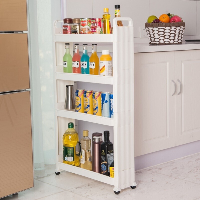 宝优妮浴室夹缝收纳架可移动家庭整理架多功能置物架多层浴室用品架 1309象牙色四层带滑轮