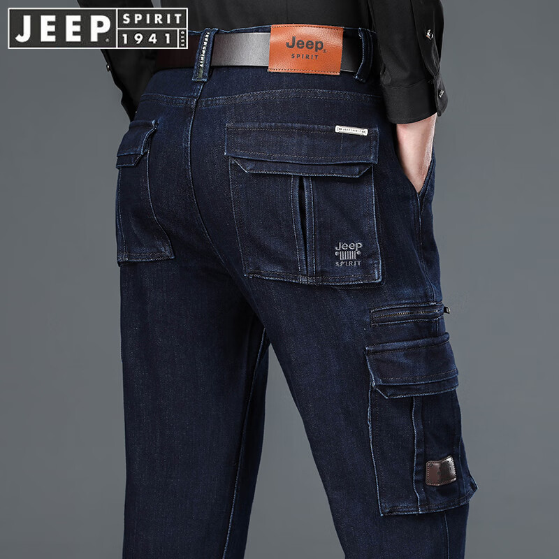 JEEP SPIRIT吉普牛仔裤男2025秋冬厚款直筒宽松多口袋工装裤弹力休闲保暖长裤 蓝色 厚款 【官方正品】 35