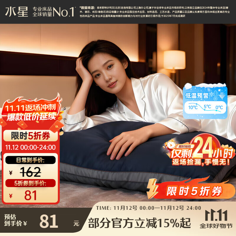 水星家纺枕头枕芯深睡酒店枕2.0人体工学双芯护颈椎助睡眠单只48cm×74cm