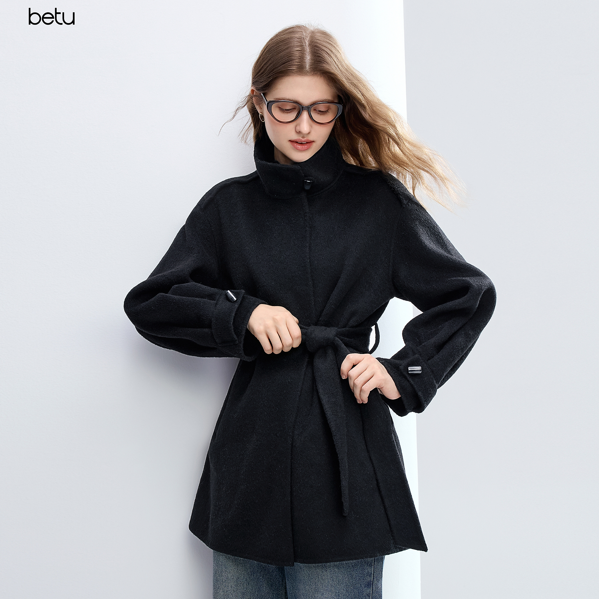百图（betu）女装2025年冬季新款毛呢外套100%绵羊毛高级感毛呢大衣女2511T13 黑色 S （黑色预售12/04发货）