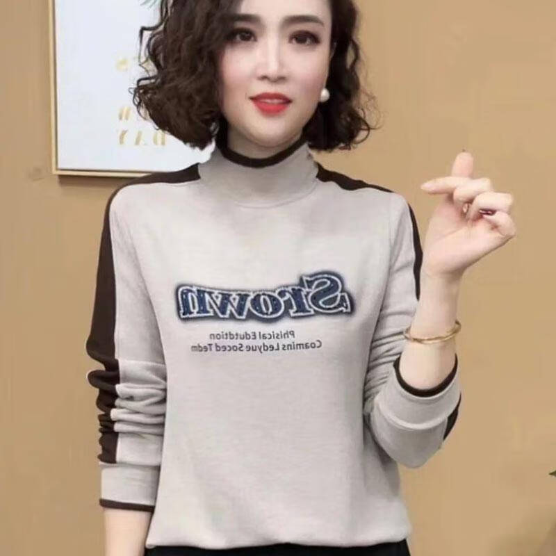 【爆款轻奢】2025新款时尚洋气百搭半高领气质字母长袖打底衫女士 燕麦色 XL （适合110-120斤）