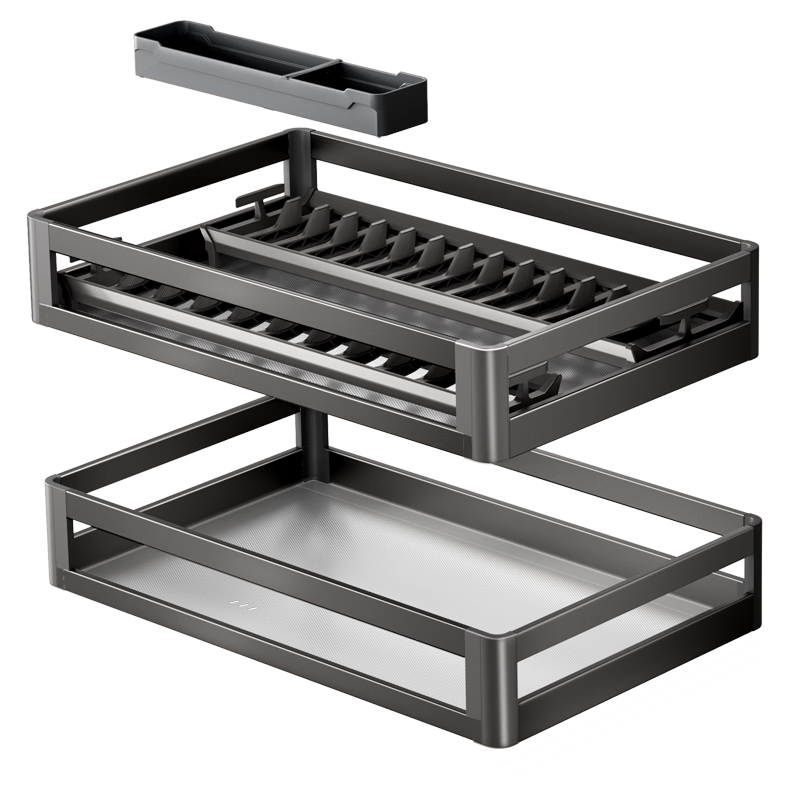 卡贝厨房拉篮橱柜抽屉式加厚双层太空铝合金碗篮调味料碗碟收纳置物架