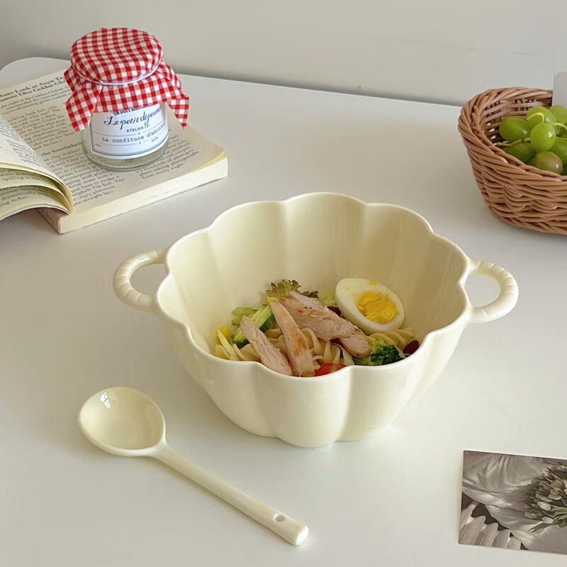 喆系高颜值奶黄色双耳大汤碗带勺ins风陶瓷家用沙拉泡面碗可爱南瓜碗 10英寸大号奶油双耳南瓜碗