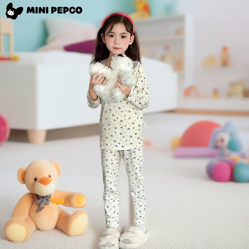 小猪班纳（PEPCO）秋冬季新款儿童睡衣套装秋衣秋裤无骨莱卡男童女童纯棉a类家居服 莱卡-玫瑰花竖条 140 cm