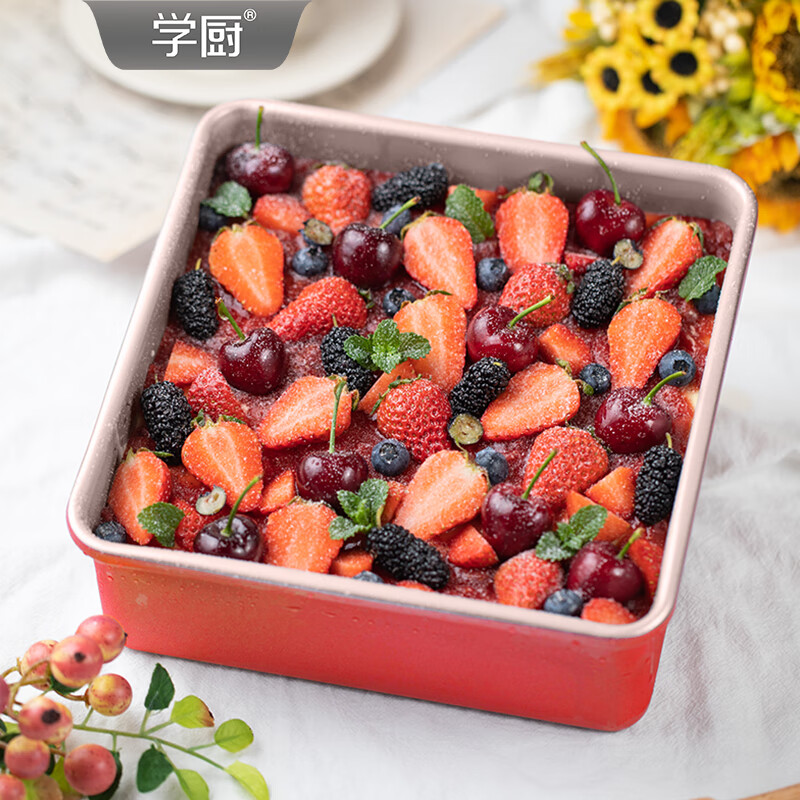 学厨8寸加高不粘四方烤盘正方形古早蛋糕模具家用面包盘烘焙模具 臻选红色8寸加高不粘四方烤盘-WK10111