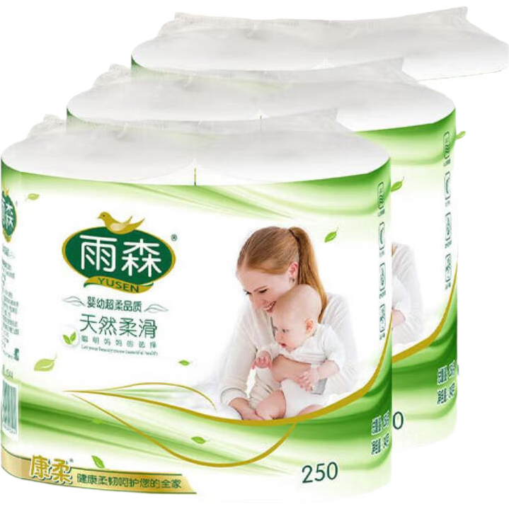 雨森（YUSEN）天然柔滑妇婴卷纸卫生纸中长卷6层木浆纸月子纸产妇纸宝宝纸巾 6层 125g*6卷 毛重【250gX3提】