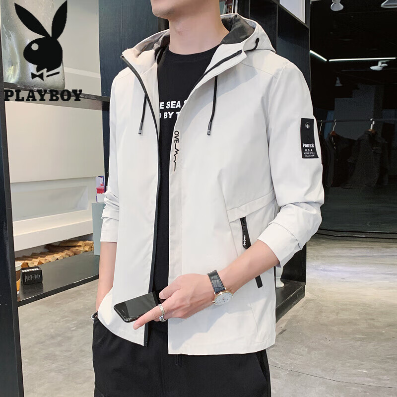 花花公子（PLAYBOY）韩版休闲男款夹克2025春秋新款百搭潮流风衣冬季加绒加厚外套男装 黑色 XL