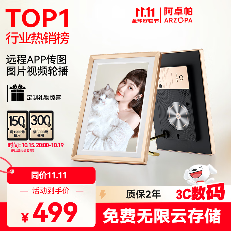 ARZOPA阿卓帕 10.1英寸数码智能云相框 高清电子相册 照片视频触摸播放  端午节礼物 D10香槟金
