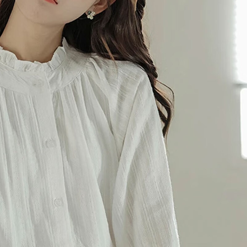 子牧棉麻2025秋冬装 女文艺百搭木耳边白衬衫长袖叠衬衣宽松上衣1628 白色 2XL (建议135-150斤)