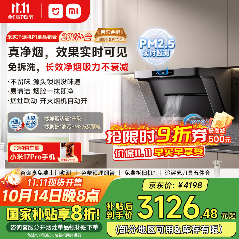 米家小米抽油烟机净烟机P1 国家补贴20%大吸力油烟机家用以旧换新上门安装天然气MJ04CY【套装商品】