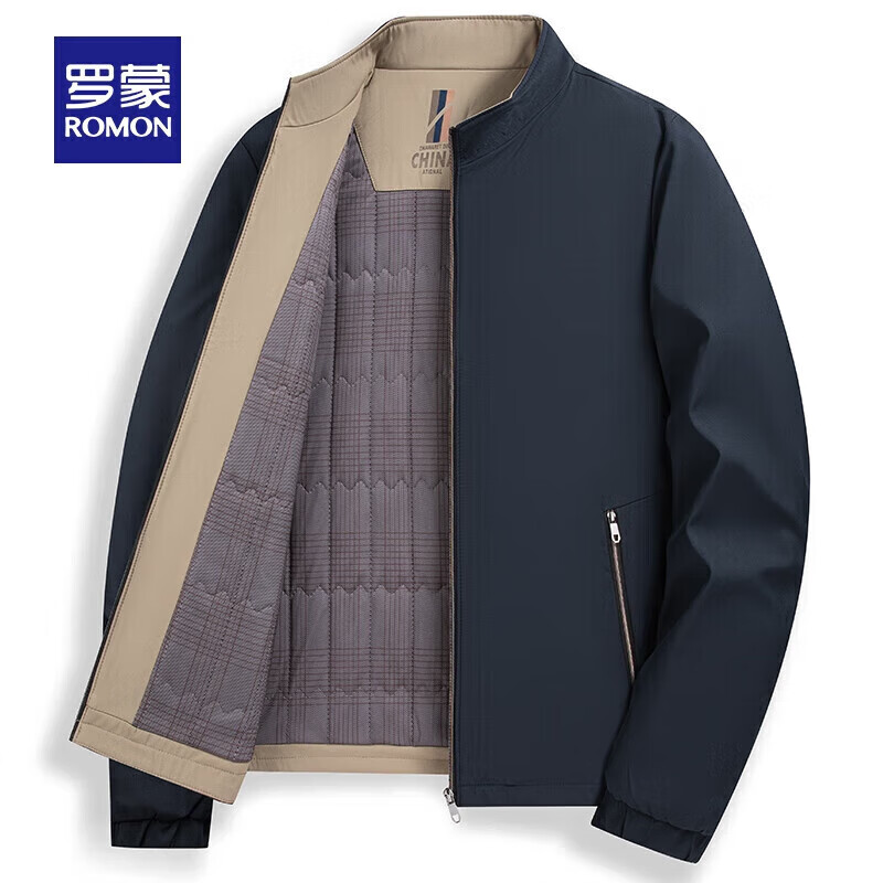 罗蒙(ROMON)男士立领加棉夹克2025秋冬新款中青年商务休闲百搭保暖外套男 藏青色 L 175
