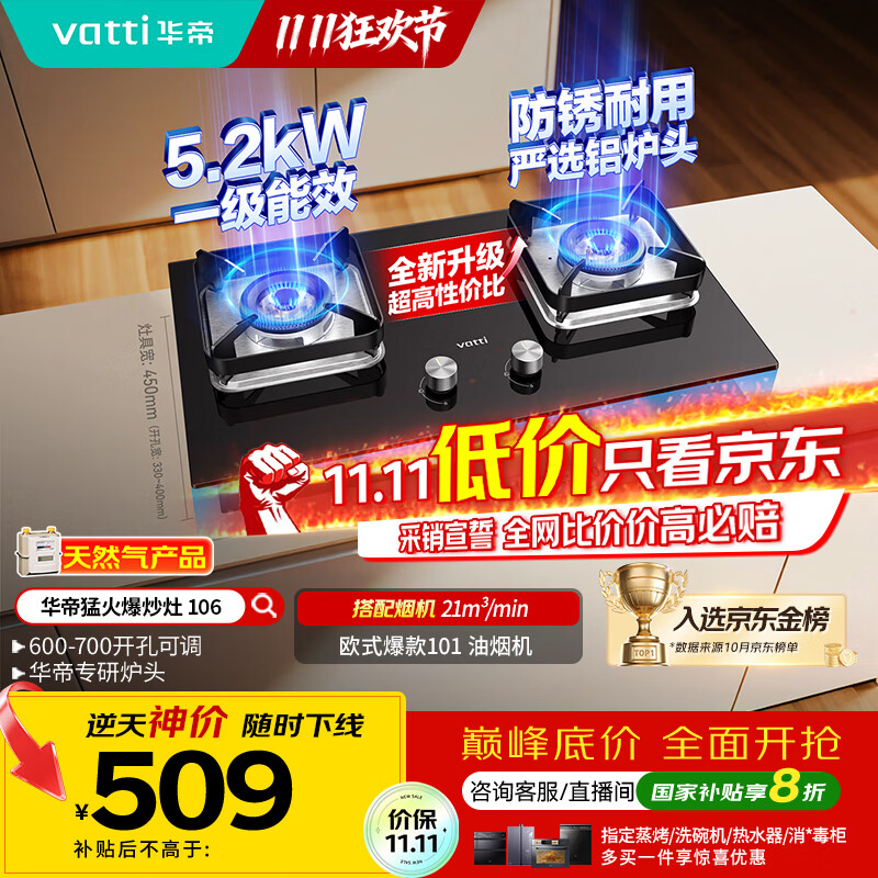 华帝（VATTI）【国家补贴20%】燃气灶台嵌两用一级能效小尺寸5.2kW猛火煤气炉双灶具灶台i10106【天然气产品】