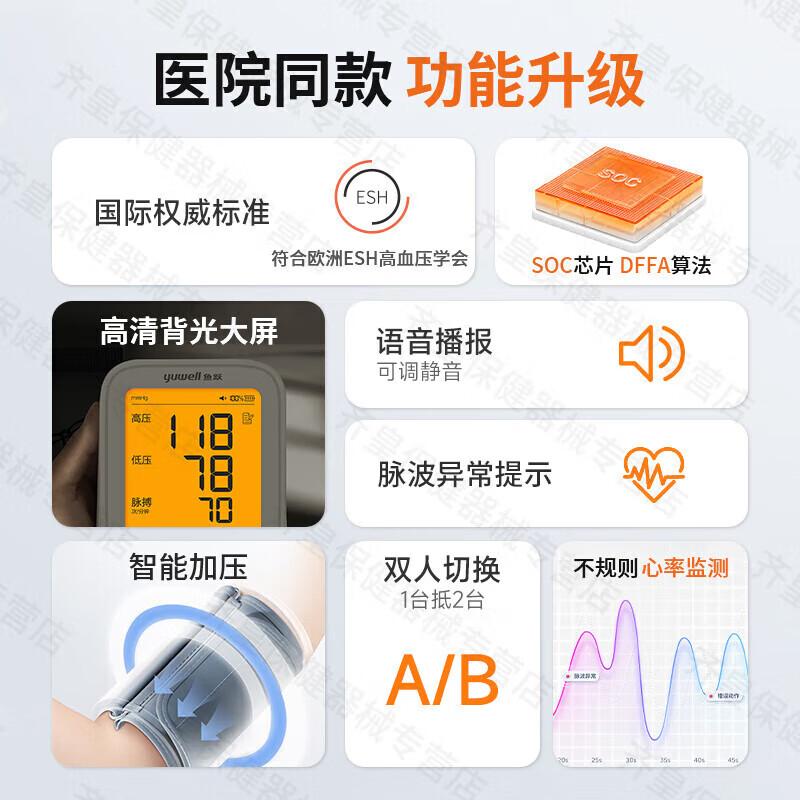 鱼跃(yuwell)医用级高精准电子血压计血压仪家用臂式量高血压测量仪器老人 语 语音双供电+血压脉率双测+误动作提醒+认证