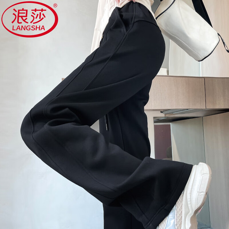 浪莎窄版香蕉运动裤女春夏秋新款高腰宽松显瘦休闲阔腿裤休闲运动卫裤 显瘦黑 【秋冬防风加绒款】 S 【推荐80-100斤】