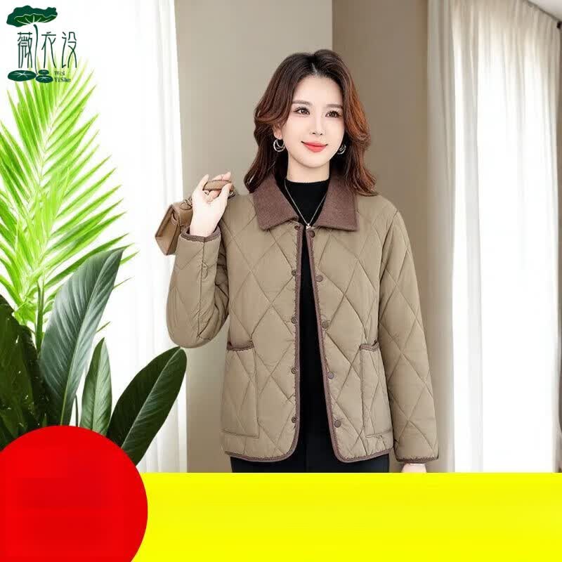 薇衣设香风轻薄2025棉衣宽松菱格棉袄棉服新款短款翻领时尚百搭棉衣外套 卡其色 3XL 建议 110-130斤