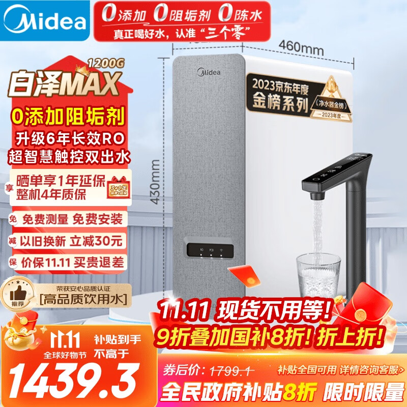 美的（Midea）【白泽Max 1200G】0阻垢剂净水器国家补贴家用 6年RO反渗透厨下式直饮过滤净水机 触控屏双出水