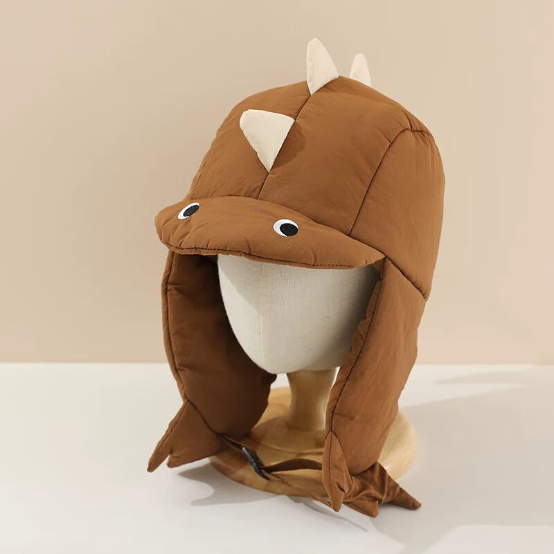 迪士尼（Disney）儿童帽子冬款保暖加绒可爱卡通恐龙护耳帽男女宝宝防风毛绒雷锋帽 米色卡扣恐龙 帽围49-53/参考年龄3-8岁