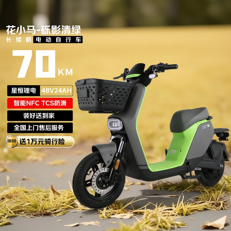 花小马电动自行车【北京9省市京东上牌】M11H48v24ah星恒锂电80KM长续航NFC对置双缸前碟刹TCS 砾影清绿