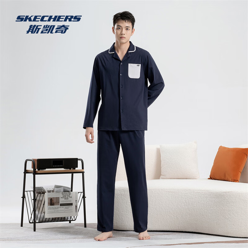 斯凯奇（Skechers）男士睡衣男纯棉秋冬季开衫长袖长裤可外穿家居服休闲宽松家居服