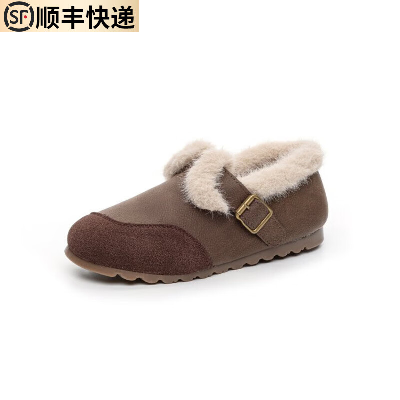 大东薇DADONGWEI2025冬季新款复古加绒圆头平底一脚蹬保暖豆豆鞋女磨砂毛毛鞋棉鞋 深棕色 40 京东折扣/优惠券