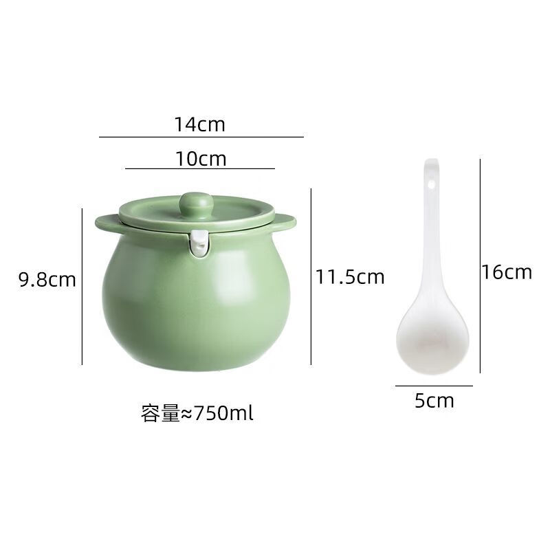 咏夏陶瓷猪油罐家用耐高温带盖荤油罐盆厨房装油罐的容器辣椒罐专用罐 奶油绿-小号/750毫升(微瑕)