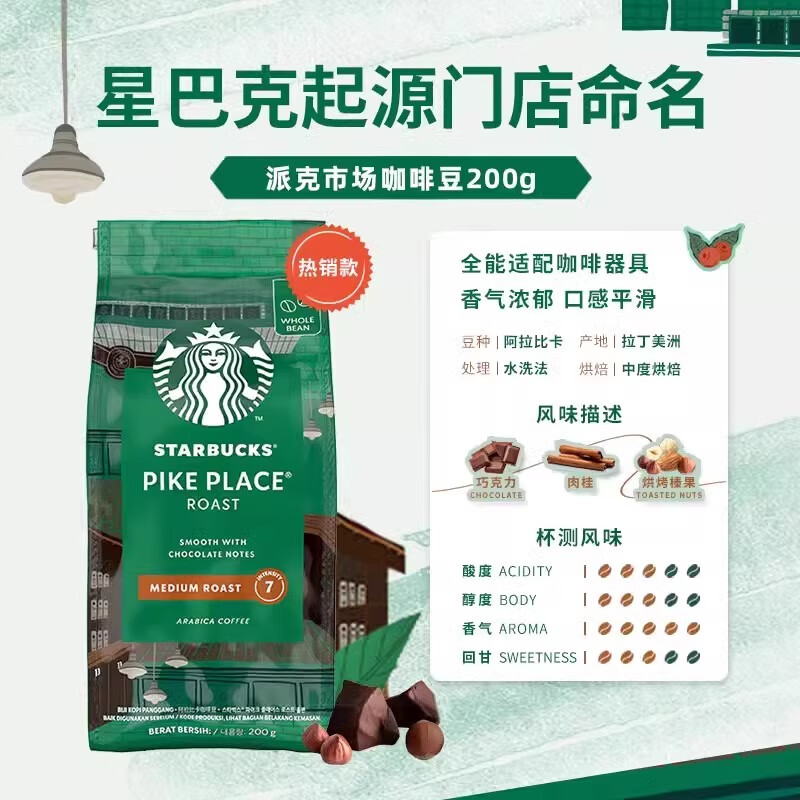 星巴克原装进口咖啡豆粉派克市场意式浓缩阿拉比卡研磨手冲美式黑咖啡 派克市场咖啡豆200g26年2月