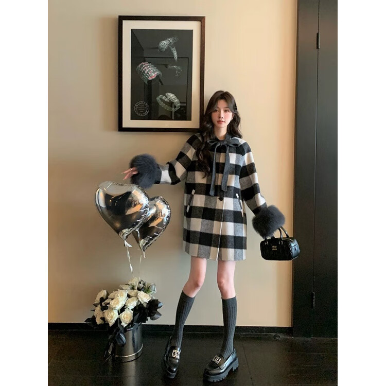 LISCN寬松格子羊毛雙面絨斗篷大衣毛呢秋冬季新款韓系高級外套呢子大衣 格子 S (120斤內)