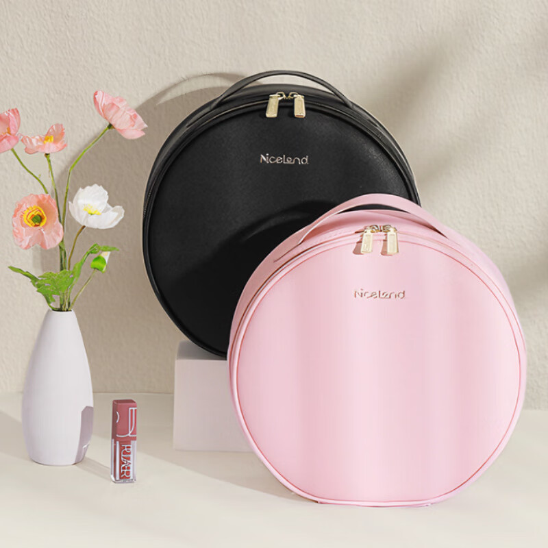 沃有家手提化妆包化妆品分区男士旅行洗潄收纳包女带镜子高级皮革化妆箱 圆形大号灯镜皮革手提化妆包优雅黑