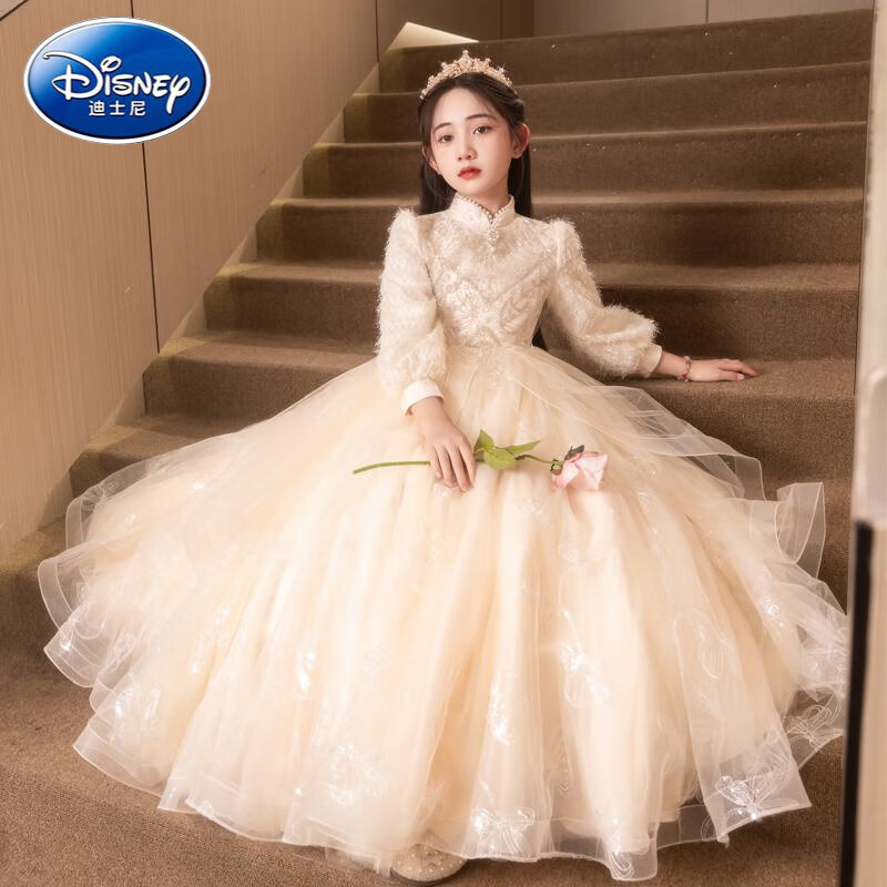 迪士尼(Disney)女童礼服主持人秋冬花童小女孩高端轻奢儿童生日公主裙钢琴出演服 1518长款香槟不加绒 关注送水晶皇冠 160 cm