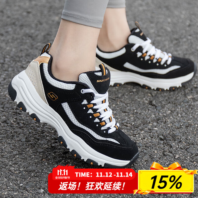斯凯奇（Skechers）女鞋夏季新款黑金熊猫鞋休闲网面透气运动鞋厚底增高老爹鞋 BKGD 35